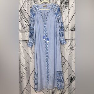 Rose and Rose Maxi Dress Blue & White Stripes Sequins Embroidery M